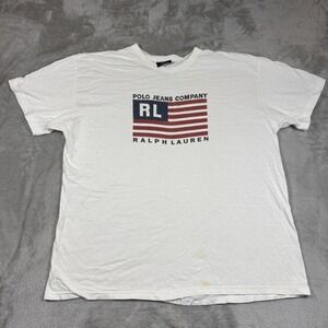 Vintage Polo American Flag Shirt Mens XL White Ralph Lauren Jeans Company RL 90s